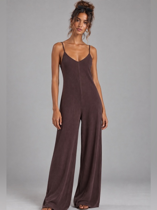Meshki Pants - Meshki Basics Plum Wide-Leg Spaghetti Strap Ribbed Jumpsuit Sz Med